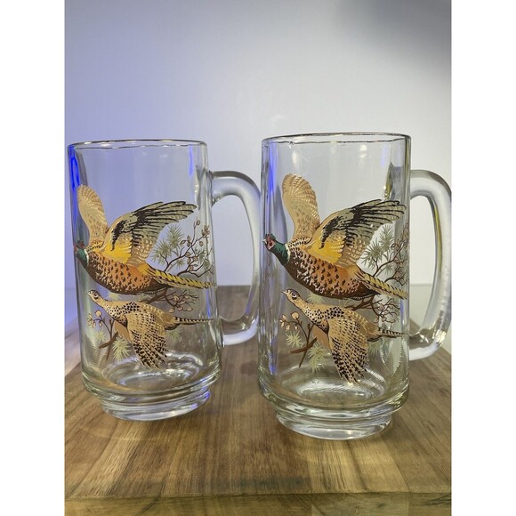 VTG Painted Glass 2 Beer Mugs Pheasant Grouse Hunting Game Birds MCM Man Cave - Picture 1 of 12